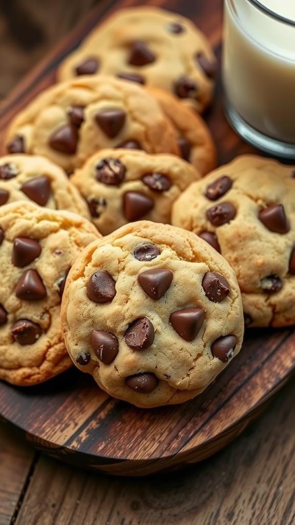 Golden brown chocolate chip cookies on a wooden platter with a glass of milk.